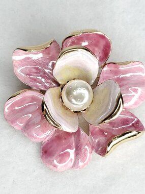 Vintage Francois Brooch Enamel Flower Pink Gold Tone 2.25"